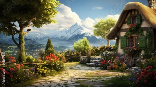 an image of a peaceful alpine vine-covered cottage with a flower-filled garden
