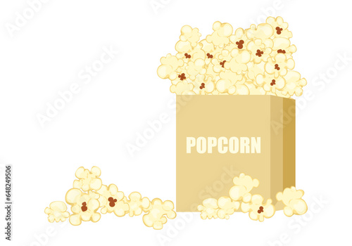 Vector illustration of popcorn in a brown paper bag. Cartoon style. Isolated white background for film, cinema, food, theater, and design.