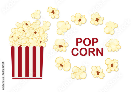Vector illustration of popcorn splashing out of a red and white cardboard box, cartoon style, isolated on a white background for film, cinema, food, theater, and design.