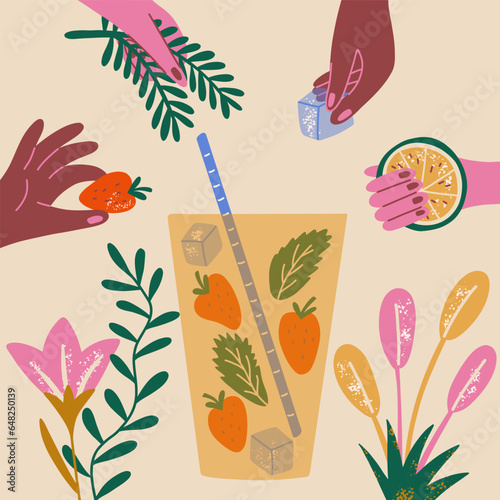Hands ice, strawberry, mint, lime for cocktail Mojito. Enjoying handmade drinks in bar, at home or outdoors concept illustration. Poster cartoon vector.