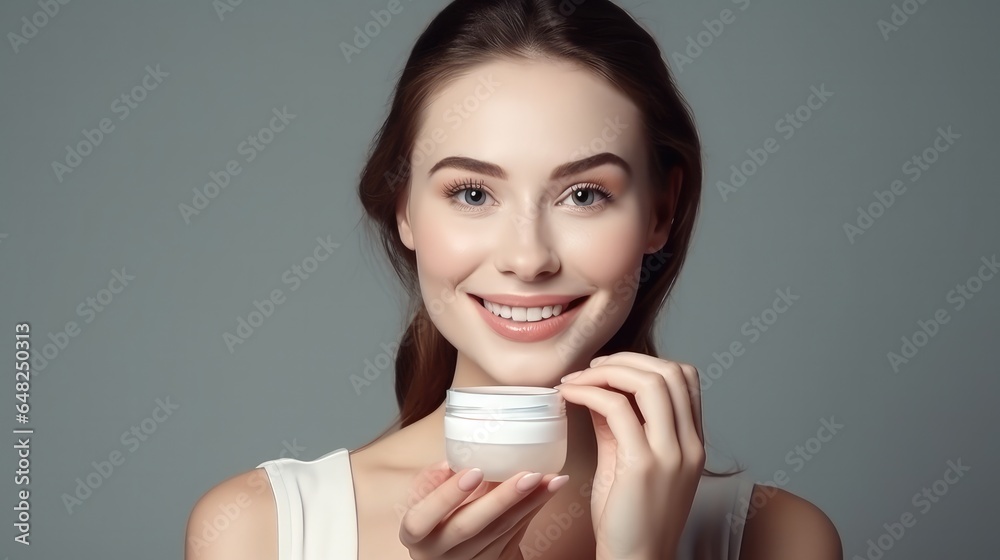 Beautiful woman smile use cream for good skin. face of a healthy woman apply cream and makeup. Advertisement for skin cream, anti-wrinkle, baby face, whitening, moisturizer, tighten pores serum Beautiful woman smile use cream for good skin. face of a healthy woman apply cream and makeup. Advertisement for skin cream, anti-wrinkle, baby face, whitening, moisturizer, tighten pores serum