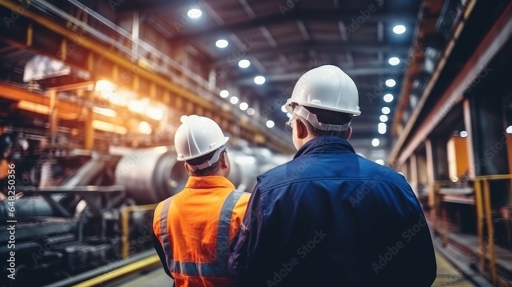 Engineers and factory managers wearing safety helmet inspect the machines in the production. inspector opened the machine to test the system to meet the standard. machine, maintenance