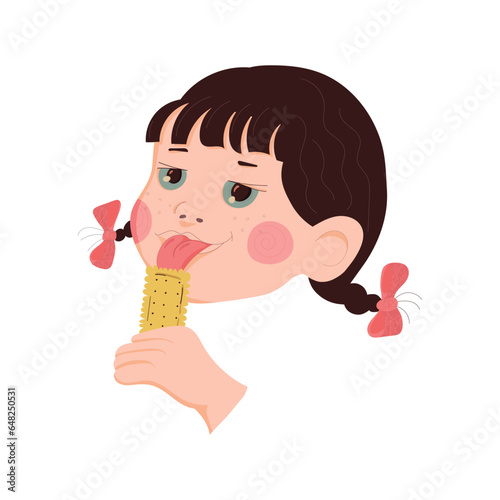 little girl with dark hair eats cookies and rejoices. cheerful child. mood. cookie. sweets vector illustration.