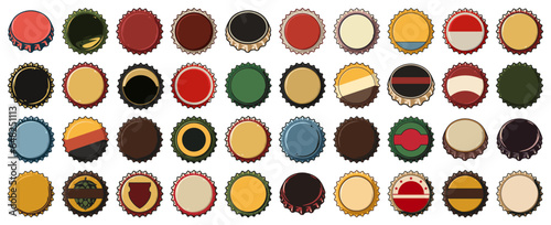 Beer cap vector set for design of brew beer in a brewery. Collection of metal corks for logos of craft brewing. Vintage old retro designs with beer cap background for pub and bar
