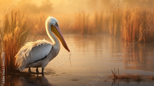 an image of a pelican in a serene coastal marsh at sunrise © Wajid