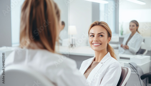 Young Woman Smiling in Front of Dental Clinic Mirror