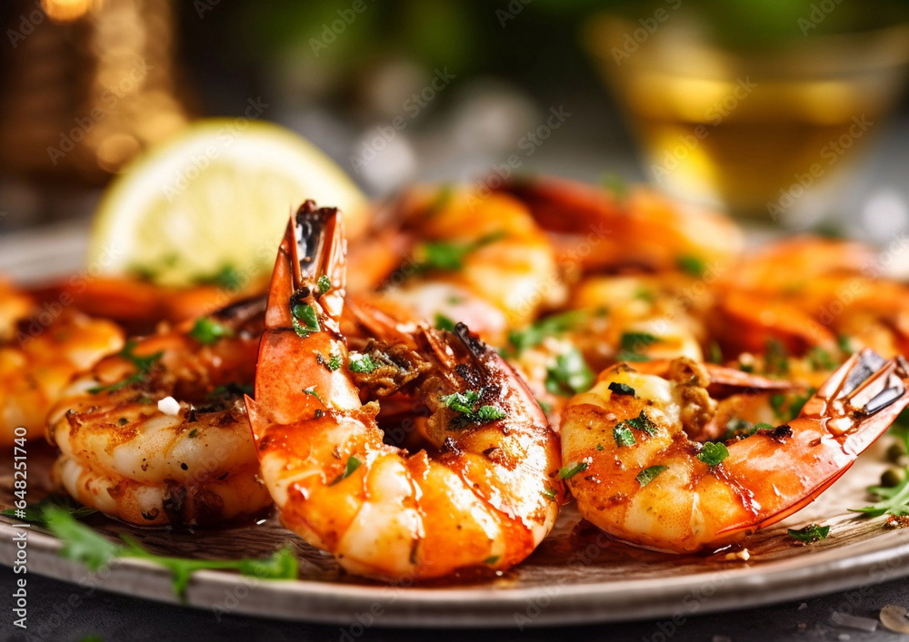 Plate with grilled seafood prawn shrimps with lemon and herbs on table.Macro.AI Generative Plate with grilled seafood prawn shrimps with lemon and herbs on table.Macro.AI Generative