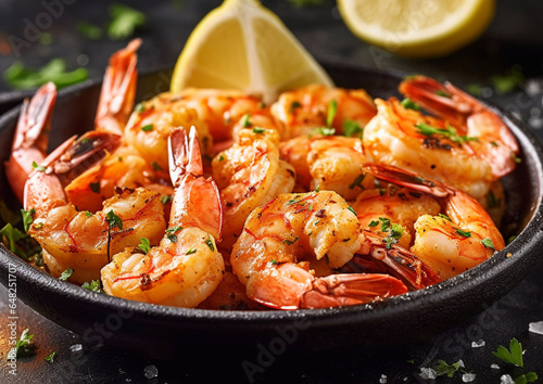 Plate with grilled seafood prawn shrimps with lemon and herbs on table.Macro.AI Generative