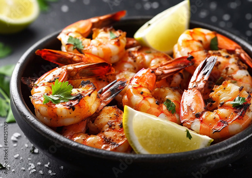 Pan with grilled seafood prawn shrimps with lemon and herbs on table.Macro.AI Generative
