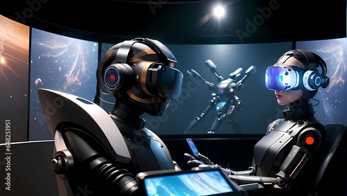 メタバース空間で、VRゴーグルを付けたクールでカッコいいロボットのAIイラスト（AI生成画像）
