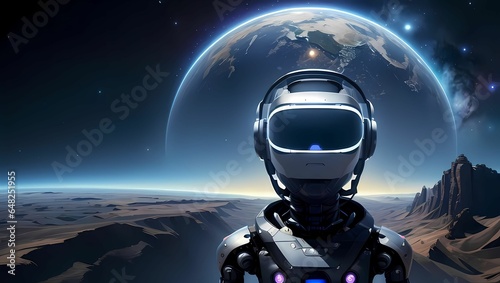 メタバース空間で、VRゴーグルを付けたクールでカッコいいロボットのAIイラスト（AI生成画像）
