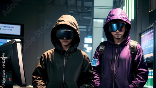 VRゴーグル・VRヘッドセットを付けた知的でクールなハッカーのようなのAIイラスト（AI生成画像）
