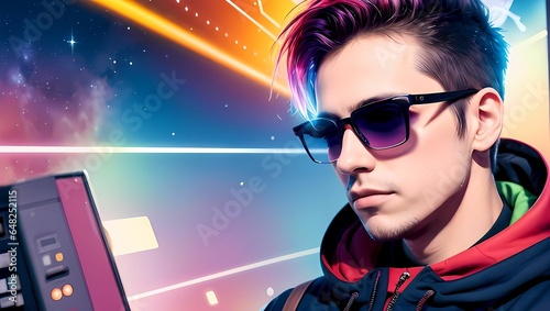 お洒落なサングラスをかけたハッカーのようなの人物のAIイラスト（AI生成画像）
