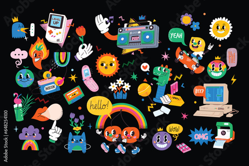 Abstract funny cute characters and elements from comics. A large set of colorful vector isolated illustrations. Cartoon style.  Poster cards and logo templates. Music party funky characters.