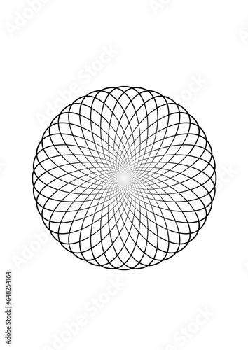 komplexes rotationssymmetzrisches gitter in form einer blüte mit sich vielfach kreuzenden und zum zentrum hin verjüngenden linien, mandala, rosette, modern art