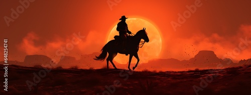 Cowboy on horseback in the desert at sunset. 3d render