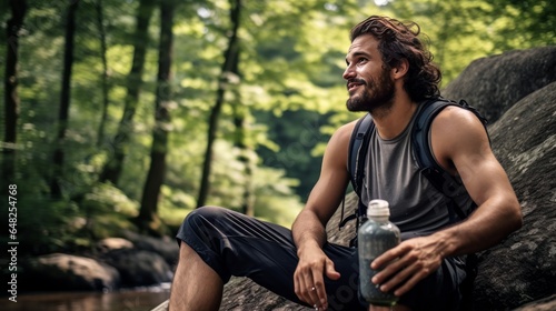 The idealize day to be out in nature Shot of a youthful man taking a water break whereas out climbing