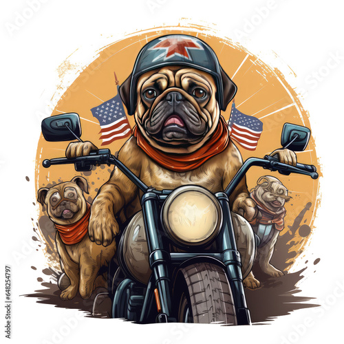 A pug dog confidently riding a motorcycle, wearing an American Flag Day t-shirt, exploring a hidden underground world with bioluminescent flora, Generative Ai