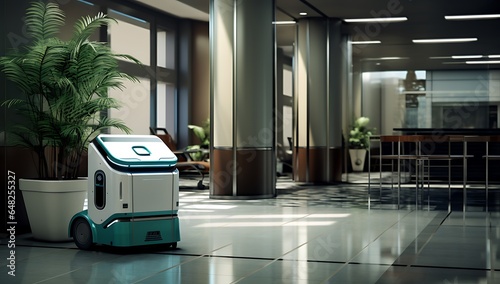 Modern green electric robot in the airport terminal. 3d rendering.