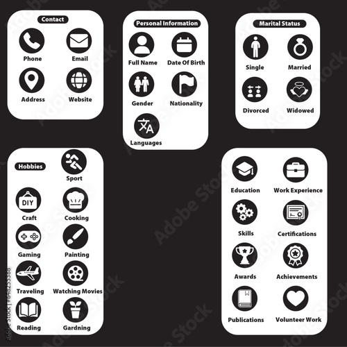CV And Resume icons in black and white for work, job and education