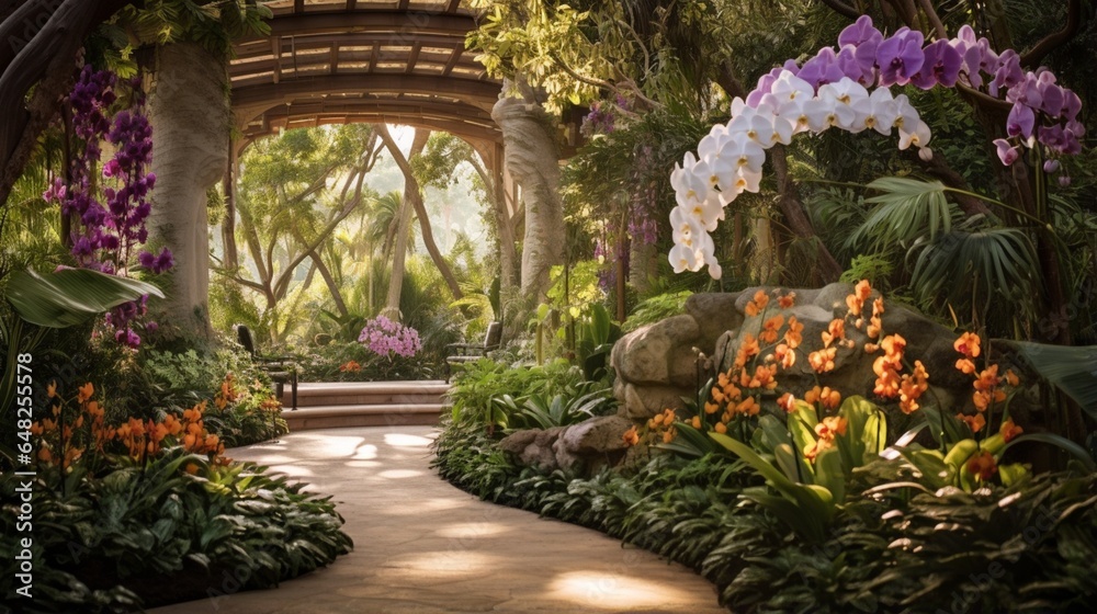 an image of a serene tropical garden with blooming orchids and lush greenery