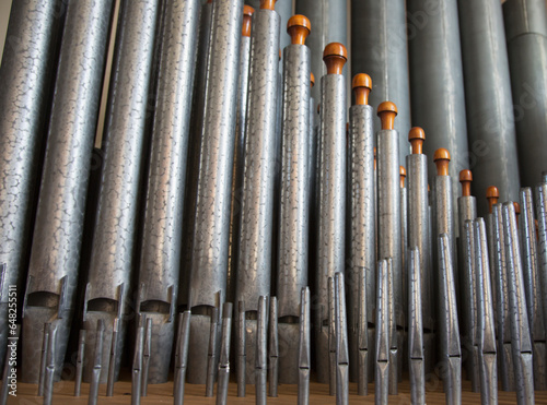 Close up of silver pipes on a musical instrument; Northumberland england photo