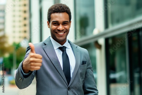 A successful Latino in business, with a suit and thumbs up.