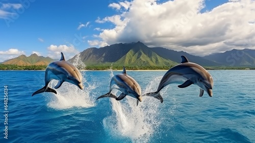 Three lovely dolphins hopping over breaking waves Hawaii Pacific Sea natural life view Marine creatures in normal living space © Roma
