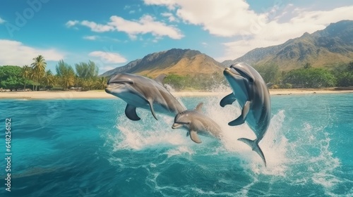 Three lovely dolphins hopping over breaking waves Hawaii Pacific Sea natural life view Marine creatures in normal living space