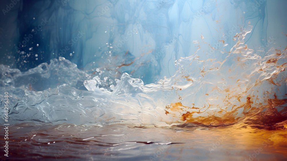 Water splash on blue background, copy space background or wallpaper. AI generated.