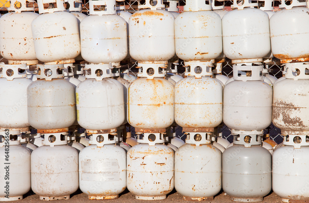 Used propane tanks piled up for recycling; Edmonton, alberta, canada Used propane tanks piled up for recycling; Edmonton, alberta, canada