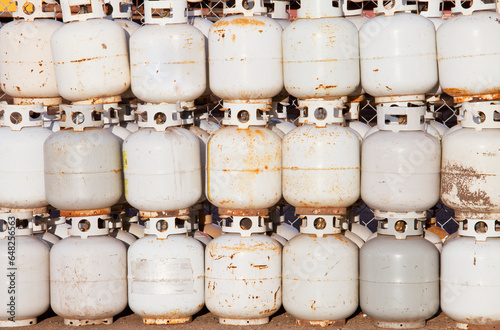 Used propane tanks piled up for recycling; Edmonton, alberta, canada