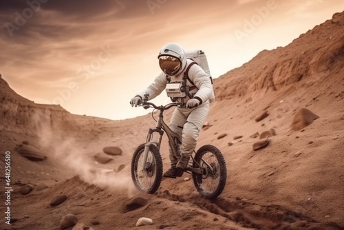 Astronaut outer space rides mountain cycling bike pictures AI Generated art