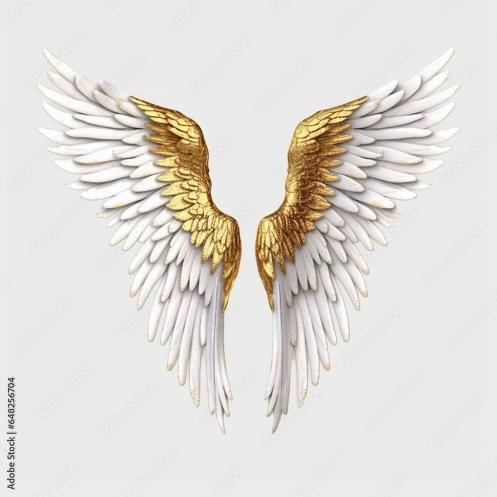 Obraz premium Beautiful angel bird wings white and gold colour white background AI Generated Art
