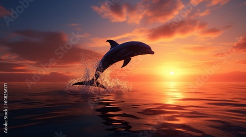 A playful dolphin leaping gracefully out of the water during a sunset.