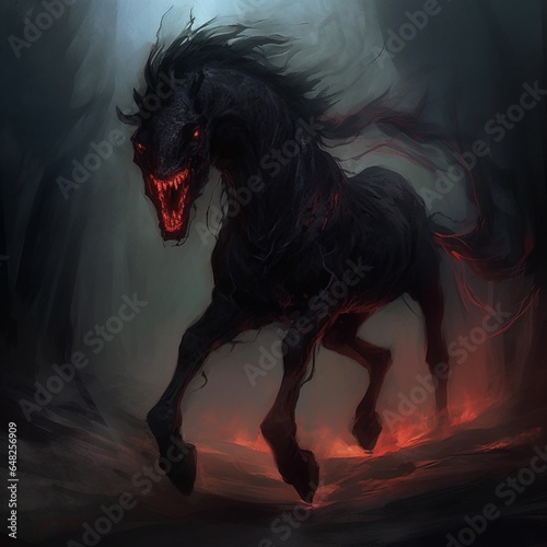 Beautiful black burning demonic fiery horse eyes jumping picture AI Generated Art