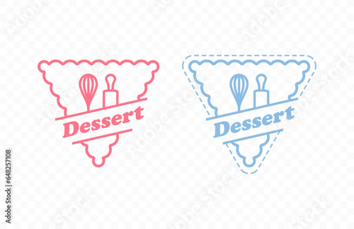 Triangle pastry logo design with kitchen whisk and rolling pin. Dishes for preparing desserts in a triangle shape vector design