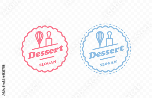 Round pastry logo design with kitchen whisk and rolling pin. Dishes for preparing desserts in a round shape vector design