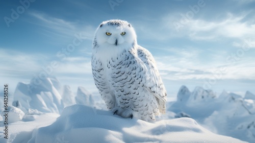 Capture the essence of a snowy owl in its Arctic habitat, blending in with the snowy landscape.