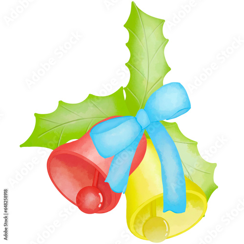 holly leaves  mistletoe and christmas bell  with ribbon illustration elements