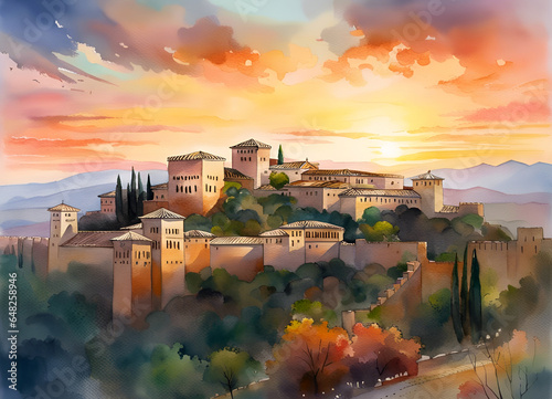 Watercolor painting of the Alhambra, Spain at sunset

