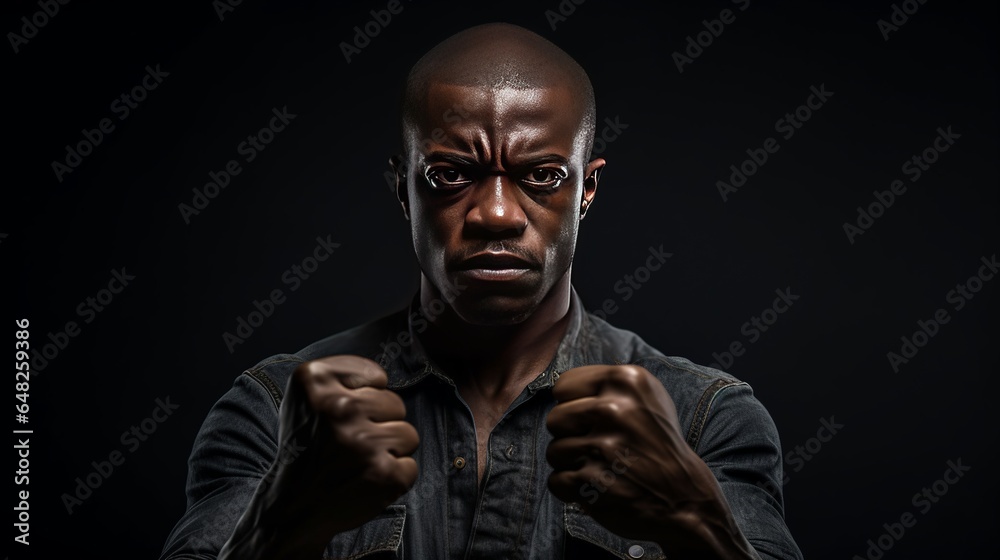Portrait of a strong African American man making fist motions on a dark background
