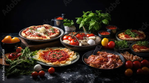 Full table of Italian dishes on plates on a set table. Pizza, risotto, jamon. Appetizers, main courses. Food concept.