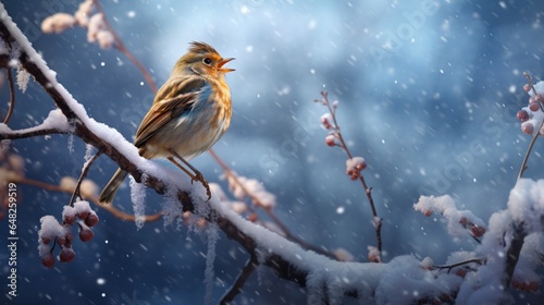 an image of a songbird in a winter wonderland with snowflakes