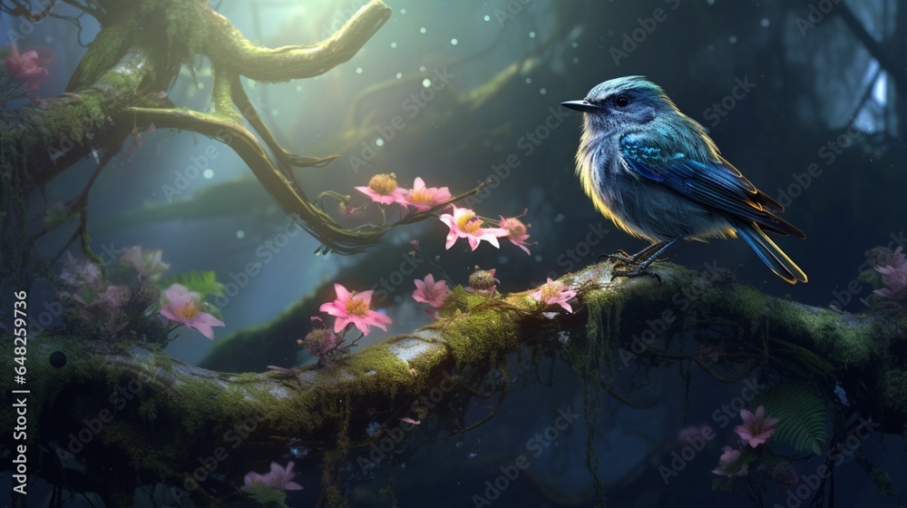 an image of a songbird in a mystical, enchanted forest