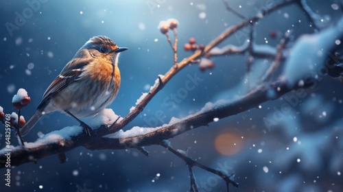an image of a songbird in a winter wonderland with snowflakes