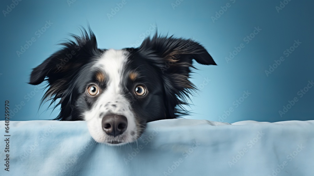 In front of a blue background, a border collie dog portrait features a cat hiding in the background.