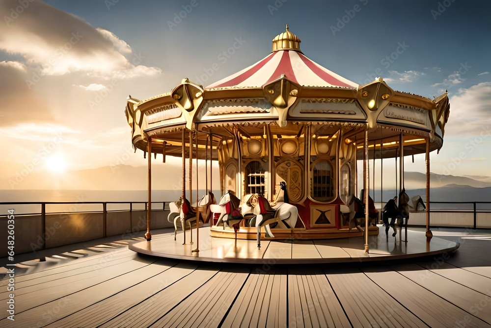 Obraz premium Vintage carousel on a pier at sunset