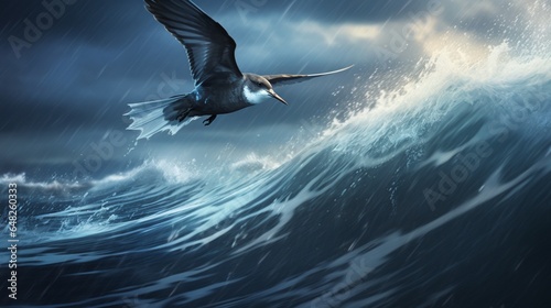 an image of a storm petrel skimming the ocean's surface during a thunderstorm