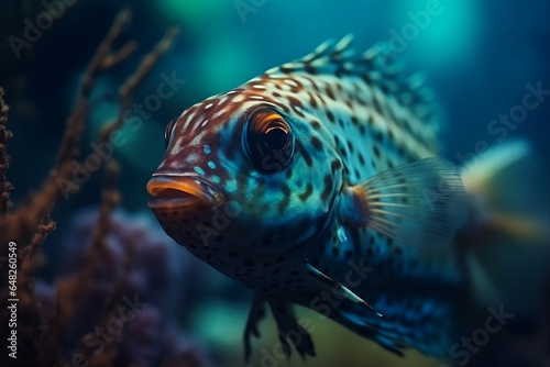 Close-up of a swimming fish at the bottom of the ocean. 